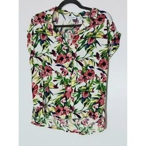 Kiwi Fresh Blouse Size Large White Button Up Tropical Floral Short Sleeve Preown